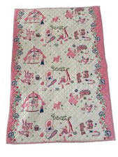 Vintage Cottage Baby Crib Blanket Quilt Kitties Chickens Floral Pink 46x31.5