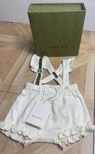 Gucci Baby Girls Romper Overalls Web Stripe Ruffle Ivory 0-3 Months w/ Box picture