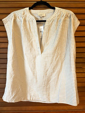 LOFT Outlet Women's Beige/White Gingham V-Neck Cap Sleeve Blouse M picture