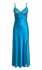 Vintage Victoria's Secret Gold Label Satin Lace Slip Dress Chemise Blue Large picture