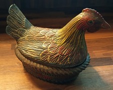 VTG Hand Carved Hen On Nest Lidded Wood Box - Retro Kitchen Decor Mid Century  picture