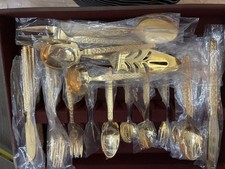 Vintage Trocadero Gold Stainless Flatware 60 Pc Korea NOS Naken Chest Service 12 picture