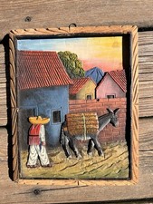 Vintage Mexican Folk Art Wood Carved Bas Relief 10” X 8” picture