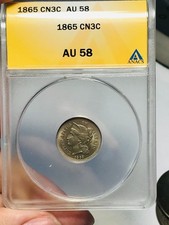 1865 Three Cent Nickel Piece 3C ANACS AU58 Civil War Date US Type Coin CC31635 picture