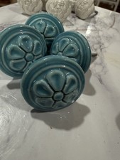6 Pc Turquoise Floral Ceramic Cabinet Knobs Drawer Pulls Cupboard Door Handles picture
