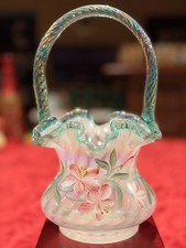 Vintage 1995 Fenton 90th Anniversary Azalea Spiral Optic Glass Basket Signed picture