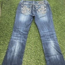 Miss Me Signature Boot Jeans Womens 30 Blue Embroidered Fleur De Lis Cotton Blen picture