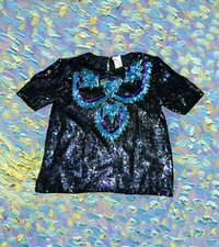 NWT Hill's 100% SILK GLAM ROCK Top 80's Grunge SEQUIN Black Green Women's Small picture