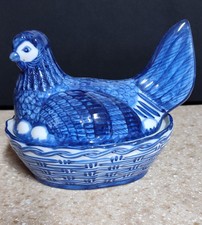 Vintage Cobalt Blue Ceramic Hen On A Nest Made In Thailand picture