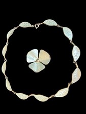 Vintage David Andersen Norway Sterling  White Enamel Leaf Necklace & Brooch Set picture