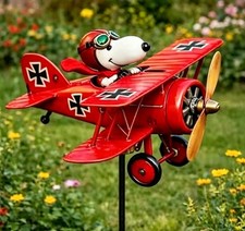 Snoopy Pilot Flying Biplane Wind Spinner - Vintage Metal Garden Windmill Decor picture