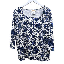 Talbots Top Blue and White Floral T-shirt Womens Preppy Casual 3/4 Sleeve picture