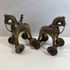 2 Antique Indian Brass Horse Temple Toys on Wheels - 19th Century picture