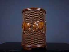 Chinese Natural Boxwood Hand-carved Exquisite Five Oxen Pattern Brush Pot 7621 picture