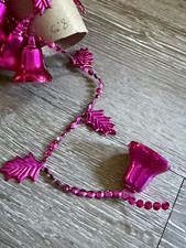 Vintage Pink Christmas Garland Plastic Bead Strand Holly Leaves & Bells picture