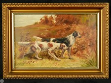 Antique Early 20th C. Sporting Art Oil on Board “Two English Setters on Point” picture