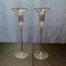VTG Pier One Raja Taper Glass Pair Candleholders,  Hand Painted, Amethyst/Gold picture
