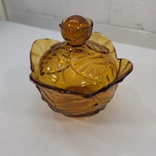 Vintage Viking Glass Amber Cabbage Leaf Covered Candy Dish With Lid READ DESC picture