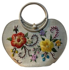 Vintage 60s Hawaiian Woven Raffia Flowers Bag Purse Half Heart Shape picture