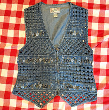 New Directions Women’s Blue Embroidered Floral Openwork Vest Sleeveless S VTG  picture