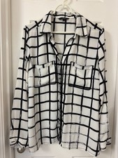 Alaniz Black White Windowpane Grid Print Long Sleeve Button Up Shirt L NWOT picture