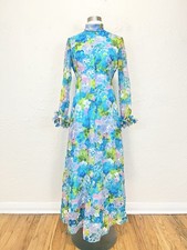 Vintage Handmade 70s Floral Maxi Dress Blue Long Sleeve Ruffle Cuffs XS/S picture