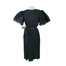 Vintage 1980s Bill Blass Party Dress Black Organza Puffy Sleeve Belted Medium picture