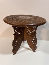 VTG  Hand Carved Floral Vine Folding side table Plant Stand Pedestal Inlay  Legs picture
