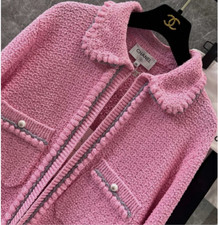 Pre-Owned Luxury Chanel Pink Wool Cotton Silk Cardigan Jacket Size 38 picture