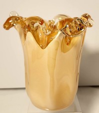 Vintage Murano Art Glass Vase Peach Golden 'White Cristal' Hand Blown Ruffled 5' picture
