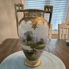 Vintage 1891-1921  Nippon Hand Painted Porcelain Vase12inTall Water -Boat Scen picture