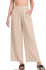 ZENANA  ASH MOCHA WASHED DOUBLE GAUZE FRAYED HEM ELASTIC  WAIST PANTS picture