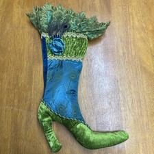 Pier 1 Christmas Stocking Victorian High Heel, Blue/ Green, peacock Velvet NEW picture