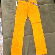 KDNK Men’s Orange Denim Skinny Jeans Slim Fit Distressed Stacked 5-Pocket picture