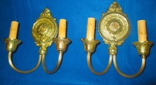 Pair Antique c1900 Brass 2-Light Electric Wall Sconces Ornate Floral Victorian picture