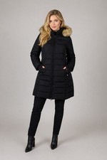 LOLE Black Down Long Faux Fur Trim Hooded Puffer Long Parka Coat Jacket Women L picture