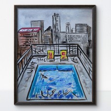 KYMA Original Hand Painted Expressionist Rooftop Pool Signed Acrylic Canvas Art picture