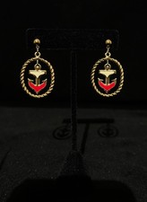 Vintage Avon Anchor Stud Earrings Red White Enamel Gold Tone Signed picture