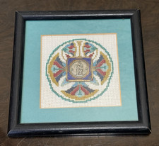 Antique St Christopher Plaque Enamel Medal Framed Cross Stitch Embroidery Art picture