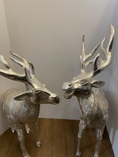 VTG Pair of Detailed Silverplated Deer Heavyweight LargeMetal Statue India Style picture
