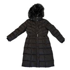 NWOT Nine West Black Long Puffer Coat Belted Faux Fur Hood Maxi Parka Jacket L picture