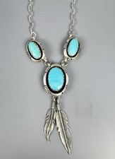 Leonard Marian Nez Navajo Sterling Silver Blue Turquoise Feather Necklace 16” picture