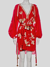 March11 Embroidered by Hand Linen Tassel Mini Dress Tunic Red Size M-L picture