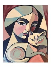 Woman & Cat Portrait VLP Original Contemporary Art OOAK Acrylic 16x20” Canvas picture