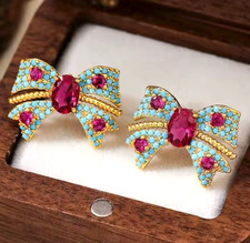 Super Cute Sparkly Blue Red BOW Rhinestone Gold Betsey Johnson Earrings picture