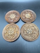 Vintage World Bazaar Carved Wood Coasters Brass Inlay Set of 4 India Boho picture