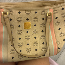 MCM Monogram Tote Bag Beige Zip Closure Gold Hardware Pink Lining Pockets picture