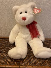 1999 Valentino Bear Beanie Buddies White with Red Nose, bow, & heart + tags 14” picture