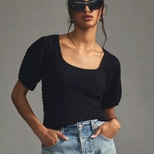 Anthropologie Lea & Viola Top Large Black Puff Sleeve Textured Short Sleeve picture