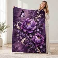 Purple Peony Lavender Butterfly Coral Fleece Blanket Floral Decor picture